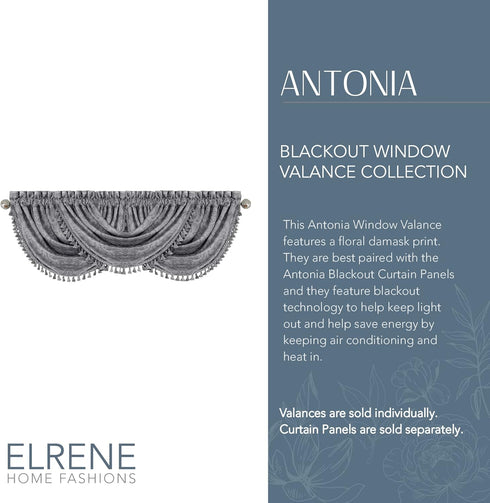 Elrene Home Fashions Antonia Floral Damask Waterfall Window Valance with Tassels, 52"x36", Silver...