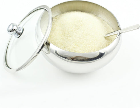 Zoie + Chloe Stainless Steel Sugar Bowl with Glass Lid - Bonus Spoon - 2 Cup Capacity (500ml)...