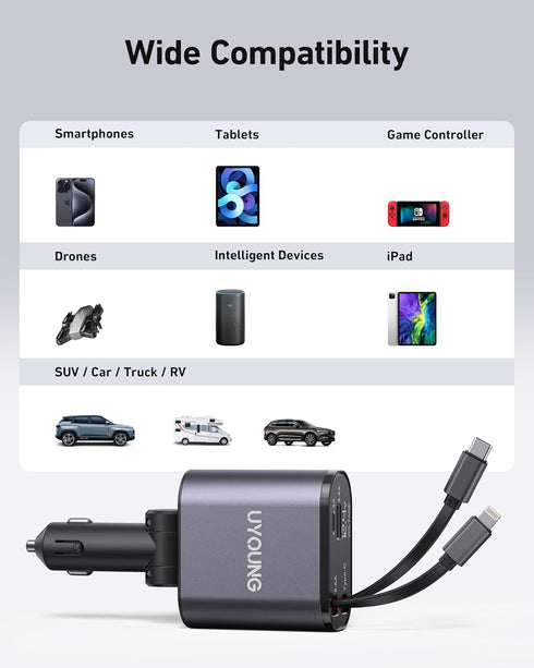 iPhone Car Charger, Retractable Fast Car Phone Charger 100W for CarPlay, 4 in 1 Car Charger Adapter with 2 Cables 31.5 Inch and 2 USB Ports, Compa...