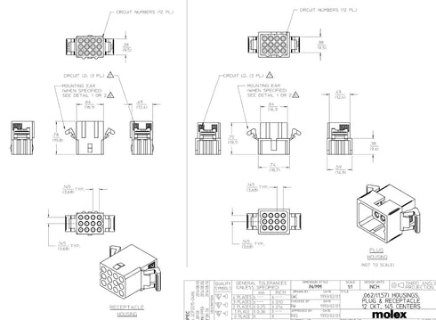 Molex (9-Circuits) Male & Female Receptacle Plug, w/Terminal sockets w/18-24 AWG Standard .062" Pins, Pitch 3.68mm...
