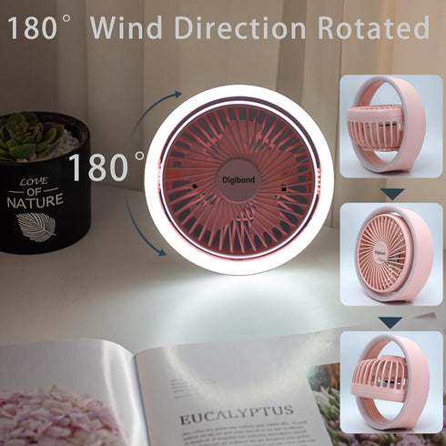 Pink Desk Fans Small Quiet with Ambient Light/Hook Portable USB Fan 5.3in High Power 3000mAH Rechargeable Battery Operate 3 Speed 180°Rotated Easy...
