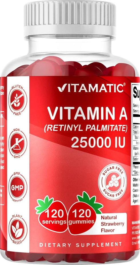 Vitamatic Sugar Free Vitamin A 25000 IU Gummies (Retinyl Palmitate) - Natural Strawberry Flavor - 120 Pectin Based Gummies (1 Bottle)...