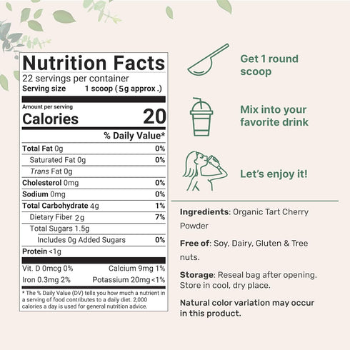 Organic Tart Cherry powder, 4oz | 100% Natural Fruit Powder | US Grown Tart Cherries Source | No Sugar & Additives | Great Flavor for Drinks, Smoo...