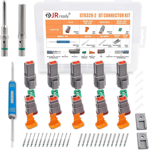 JRready Deutsch Connector 2 Pin Connector Kits with 16 Solid Contacts(14-20AWG),ST6328-2 DT Series Waterproof Connector 2 Pin 5 Set and Deutsch Pi...