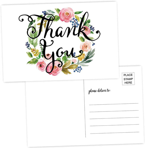 50 Thank You Postcards-Blank Thank You Note Card, Floral Watercolor Calligraphy Note Card Stationery for Wedding, Bridesmaid, Bridal or Baby Showe...
