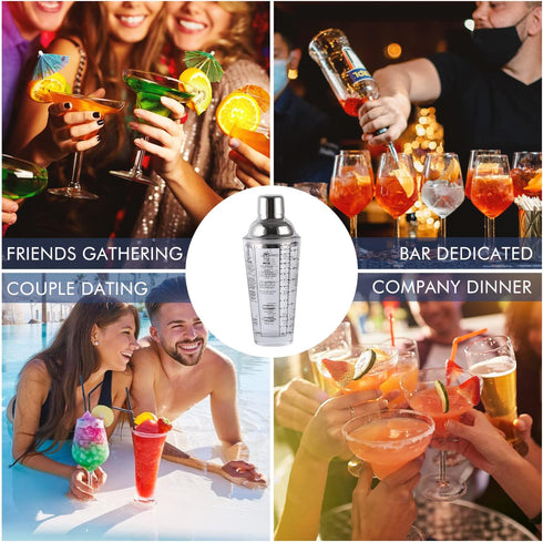 Cocktail Shaker Glass,Martini Shaker With Recipes on Side 13.5oz Mixed Drink Shaker with Glass Cup Professional Bar Tool with Scale Glass (Silver,...