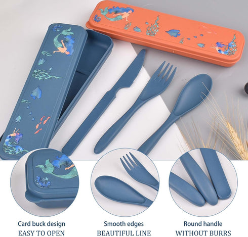 2 Sets Reusable Utensils Set with Case, Portable Camping Fork Knife Spoon Cutlery Set, Wheat Straw Travel Utensils, Tableware for Kids Adults Trav...