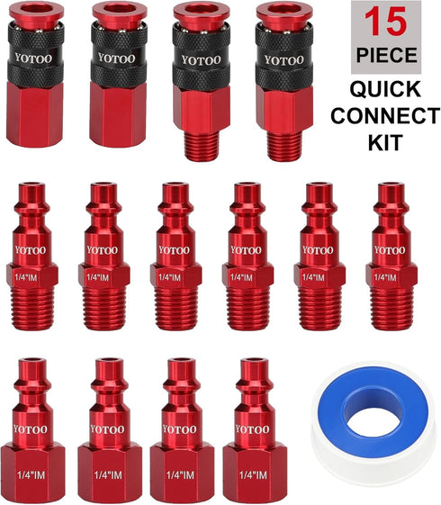 YOTOO Universal Air Coupler and Industrial Plug Kit, 15 Pcs Durable Aluminum Quick Connect Air Hose Fittings, Lightweight for Air Tools, Air Compr...