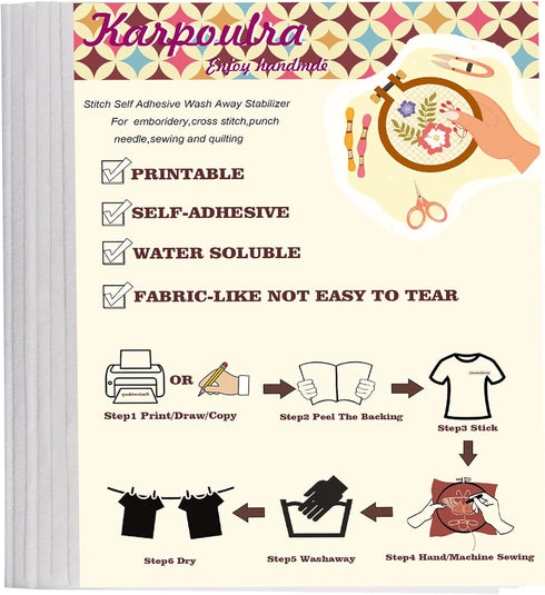 Karpoulra 6 Sheets 8.5"x11" Sticky Water Soluble Embroidery Stabilizer, Dissolvable Printable Self Adhesive Wash Away Stabilizer for Print or Draw...