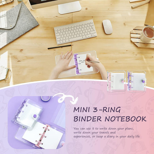 2 Pack Mini Transparent 3 Ring Binder Covers with Binder Inner Paper and Pockets, Clear Soft PVC Notebook Closure Loose Leaf Folder with Snap Butt...