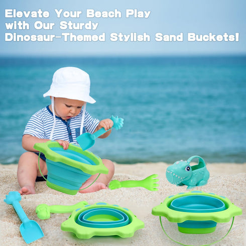 Beach Toys, Sand Box Toys for Kids Outdoor, Sand Toys with 2.5L Silicone Collapsible Bucket, Dinosaur Watering Can, Shovels for Camping Gear, Fish...