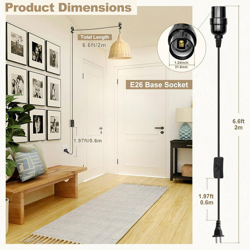 DiCUNO E26 Hanging Lantern Extension Cord Cable, Light Socket On Off Inline Cord Switch Control Lamp, 6.6 Feet (2M), Black, 1-Pack...