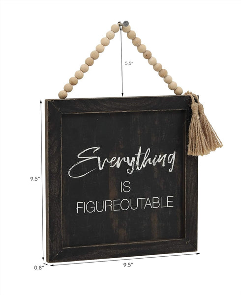 Parisloft Everything Is Figureoutable Framed Wall Sign With Bead String Hanger, Rustic Farmhouse Wood Hanging Decor, Black...