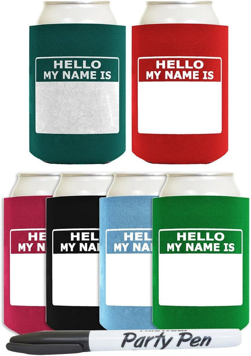 Personalized Can Cooler Hello My Name is Name Tag Set 6-Pack Can Drink Sleeves and Marker...