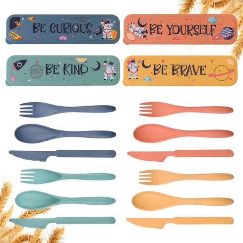 4 Sets Travel Utensils with Case - Astronauts Travel into Space, Wheat Straw Reusable Utensils Set with Case Portable Utensils Set with Case for T...