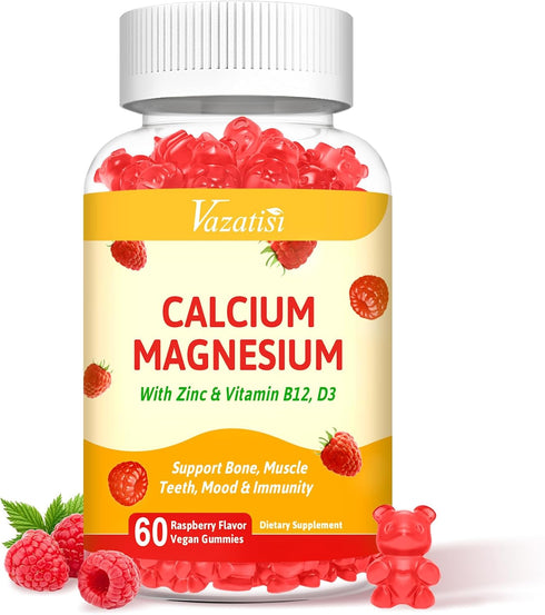Calcium Magnesium Zinc Gummies with Vitamin D3 & B12, Sugar Free Calcium Supplements for Women Men Support Bone, Muscle Teeth, Mood & Immunity, Ve...