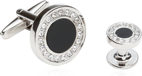 Black Onyx and Crystal Silver Cufflinks and Studs Formal Set with Travel Presentation Gift Box - 5/8" cufflinks, 3/8" studs - Men's Wedding Party ...