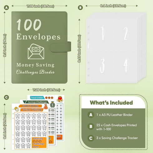 Huhuhero 100 Envelopes Money Saving Challenge, A5 Budget Binder with Cash Envelopes & 3 Budgeting Planner Trackers to Save $5,050, 10,400, 500, Mo...