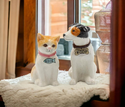20781 Fine Porcelain Dog and Cat Salt and Pepper Shakers Set, 3-3/8" H...