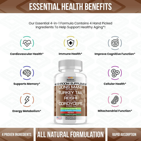 Stamiron Lions Mane Supplement Turkey Tail Mushroom Capsules with Cordyceps Extract & Reishi Mushrooms - Alt to Mushroom Gummies, Mushroom Powder,...