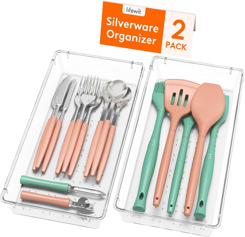 Lifewit Silverware Drawer Organizer, 5.75" x 11.65" Clear Utensil Tray for Kitchen Drawer, Stackable Plastic Flatware and Cutlery Storage Box Divi...