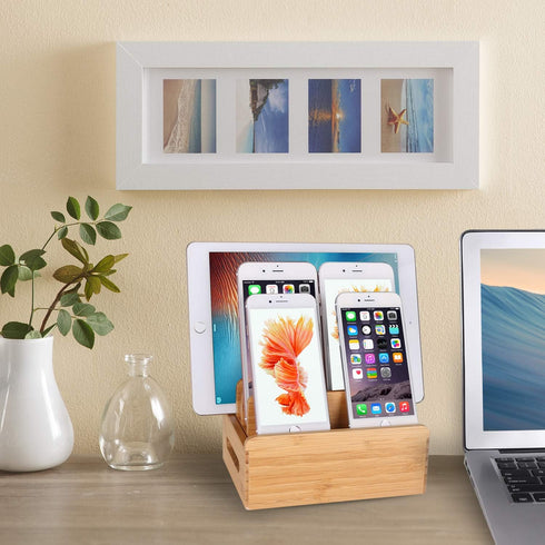 Bamboo Wood Multi-Device Desktop Dock Station Charger Holder Charging Cradle Charge Stand Compatible for iPhone 13 12 11 Pro Max XS XR X 8 7 Plus ...