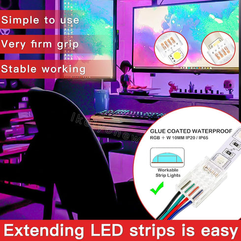 4 Pin RGB Led Connectors for Strip Lights 10mm Wide Unwired Gapless Solderless Transparent 22Awg Extension Wire Quick Connectors Adapter(6 pcs)...
