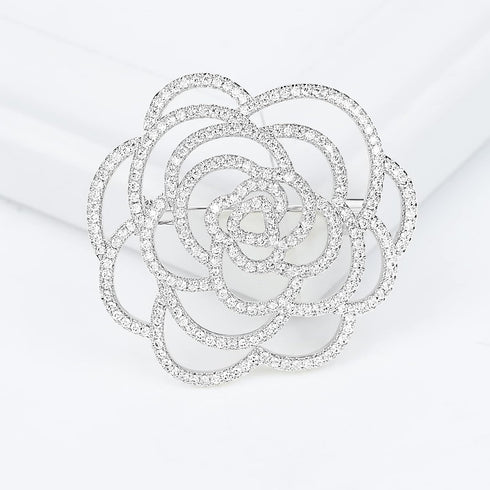 Sparkling Crystal Cut Rose Flower Pave Crystal Camellia Boutonniere Pin Brooch Corsage Blooming Heart Shaped Floral Jewelry for Women...