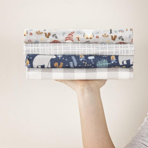 Trend Lab Woodland Wonder 4 Pack Flannel Blankets - Bear Crossings - Blue, Brown, Gray, White; Buffalo Check - White, Gray; Woodland Gnomes - Whit...