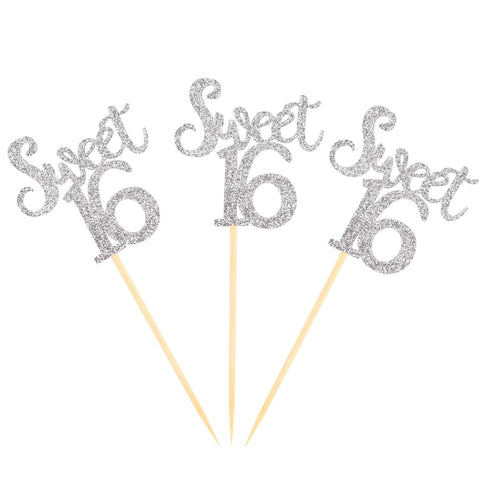 Ercadio Silver Sweet 16 Cupcake Toppers Glitter Age Sixteen Cupcake Picks 16th Birthday Party Cake Decorations Supplies 24 PCS...