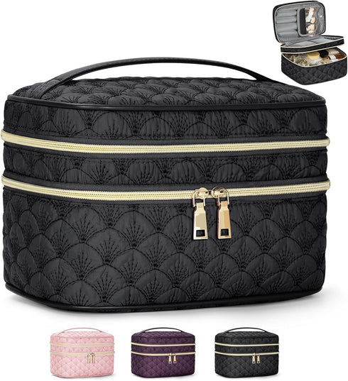 IGOLUMON Travel Makeup Bag Double Layer Make Up Bag Portable Large Cosmetic Bag Wide-open Toiletry Bag for Women Roomy Cosmetic Case Pouch Multifu...