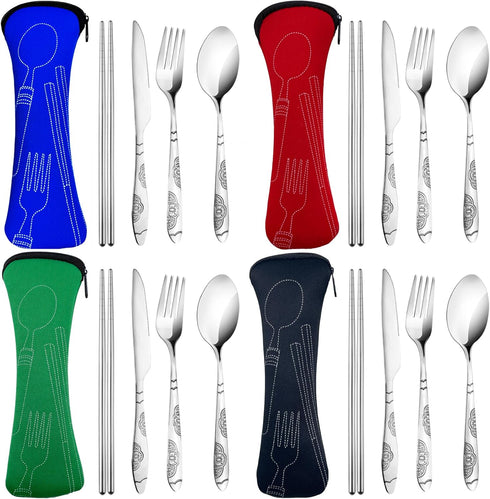 20PCS Premium Travel Utensils With Case, Stainless Steel Reusable Portable Utensils Set With Case, Lengnoyp Travel Silverware Set With Case for Lu...