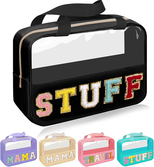 Chenille Letter Patch Stuff Bag, Preppy Clear Makeup Cosmetic Bag Large Toiletry Storage Tote Bag with Handle, Transparent Nylon Waterproof Organi...