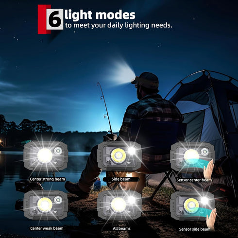 Headlamp Rechargeable, Motion Sensor Head Lamp, Head Lights for Forehead with Adjustable Headband, IPX4 Waterproof Headlamps for Adults & Kids, 6 ...