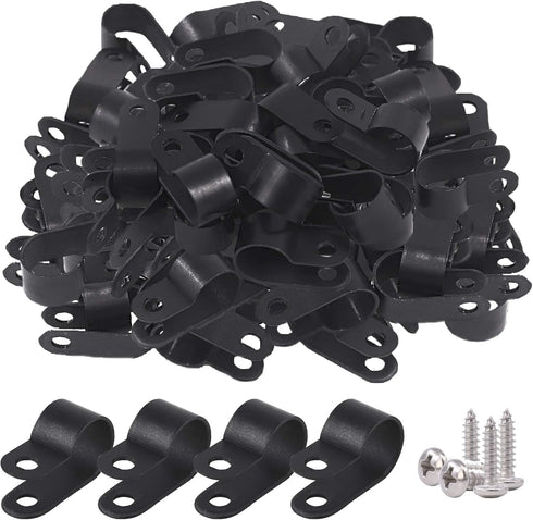 Glarks 120Pcs 1/2 Inch Black Nylon Screw Mounting R-Type Cable Clip Wire Clamp with 120Pcs Screws for Wire, Cable, Conduit and Cable Conduit Kit (...
