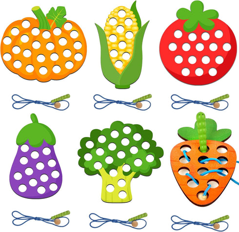 6 Pcs Lacing Toy Toddlers, Vegetable Wooden Threading Toys, Educational and Learning Montessori Activity Baby and Kids, Fine Motor Skill Toys, Pum...