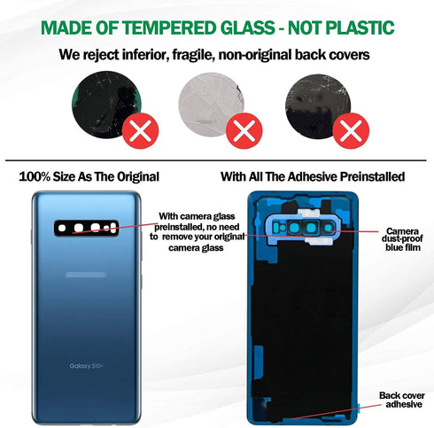 Galaxy S10+ Replacement Back Glass Panel Case with Installation Manual +Pre-Installed Camera Lens +All The Adhesive +Repair Tools for Samsung Gala...