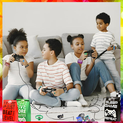 110 Pcs Video Game Party Favors, Gamer party Favors - 12 sets of Gaming Birthday Goodie Bags Included Gift Bags, Game Keychain, Slap Bracelet, Sti...