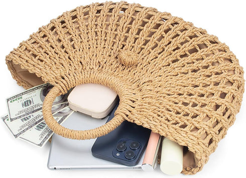 YYW Straw Bags for Women,Hand-woven Straw Top-handle Bag with Round Ring Handle Summer Beach Rattan Tote Handbag...