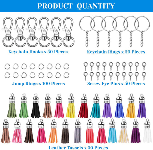 Keychain Tassles, Cridoz 300pcs Bulk Keychains Ring Set Includes 50pcs Tassels for Crafts, 50pcs Keychain Clips, 50pcs Key Chain Rings, 100pcs Jum...