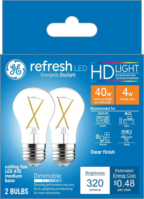 GE Refresh LED Light Bulbs, 40 Watt, Daylight, A15 Ceiling Fan Bulbs, Clear Finish (2 Pack)...