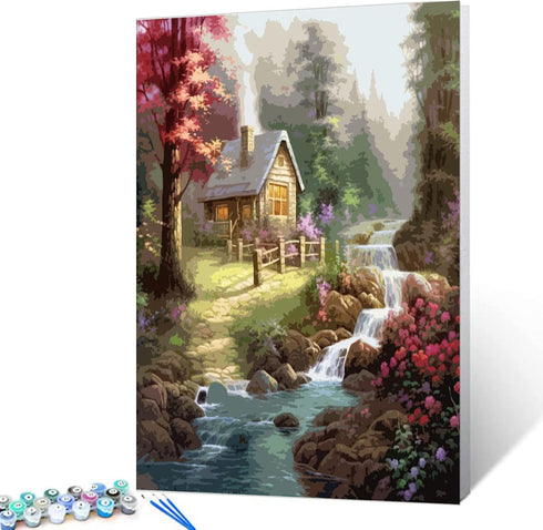 Tucocoo Wildflower DIY Paint by Number for Adults, Rustic House Digital Oil Painting Kits on Canvas with Brushes and Acrylic Pigment Forest Waterf...