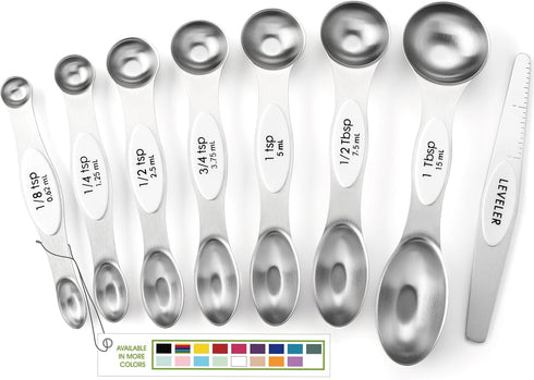 Spring Chef White Stainless Steel Magnetic Measuring Spoons Set of 8 with Leveler, Dual Sided Metal Teaspoon & Tablespoon Measuring Spoons, Fits i...