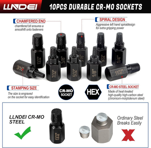 LLNDEI Screw Extractor Set, Hex Head Easy Out Bolt Extractor Set 10 Pieces, Multi-Spline Ez Out Stripped Extractor (1/8”-13/32”) CR-MO, Stripped F...