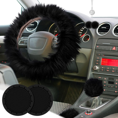 Frienda 6 Pieces Fluffy Car Accessories Set Fluffy Steering Wheel Cover Soft Fuzz Handbrake Cover Gear Shift Cover Bling Car Mirror Fuzz Car Decor...