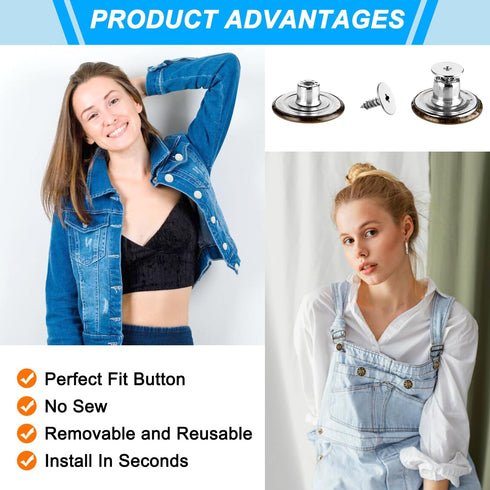 60 Sets Buttons for loose Jeans,17mm+20mm No Sew Metal Button Extenders for Jeans,10 Patterns Adjustable and Reusable Instant Jean Button Replacem...