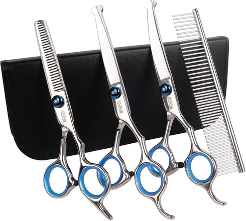 Professional Dog Grooming Scissors with Safety Round Tips, 5 in 1 Dog Grooming Scissors Kit, 4CR Stainless Steel Professional Pet Grooming Shears ...