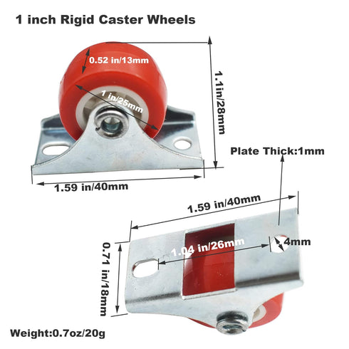 1 inch Rigid No-Swivel Plate Casters Small Rubber Wheels for Furniture and Workbench 6 Packs(Free Screws), Red (PVC)...