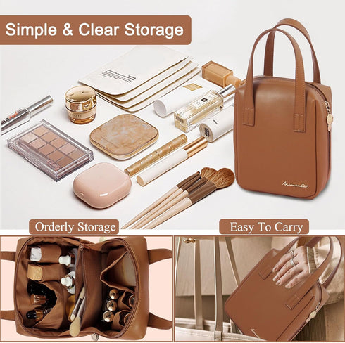 Makeup Bag Large Capacity Travel Cosmetic Bag with Handle Portable Small Cosmetics Bag for Purse Cute Makeup Storage Bag Waterproof PU Leather Mak...