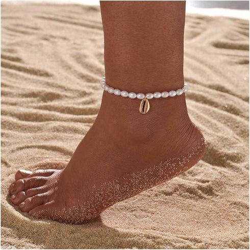 Bohemian Pearl Shell Chain Anklet Gold Seashell Ankle Bracelet Pearl Cowrie Shell Anklet Adjustable Pearl Anklet Chain Summer Beach Foot Chain Jew...